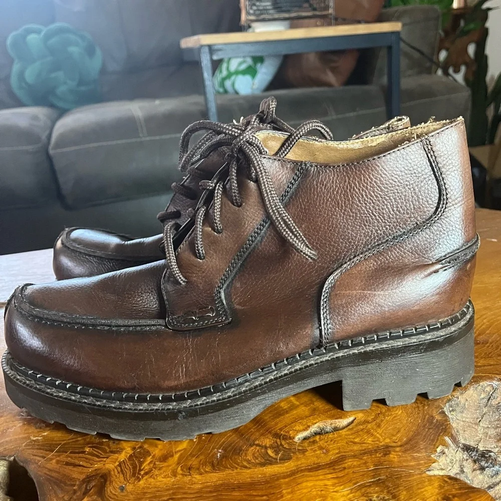 Unlisted by Kenneth Cole Brown Distressed Leather Moc Toe Lug Sole Boots Size 12